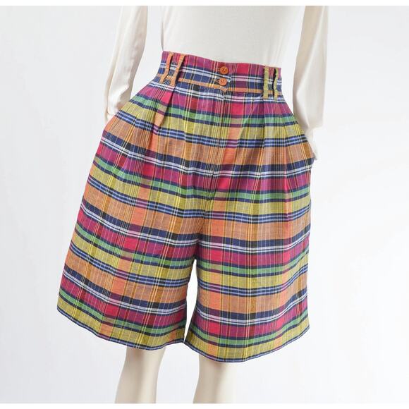 Vintage 90s Colorful Plaid Cotton Bermuda Shorts size M L - Picture 5 of 8